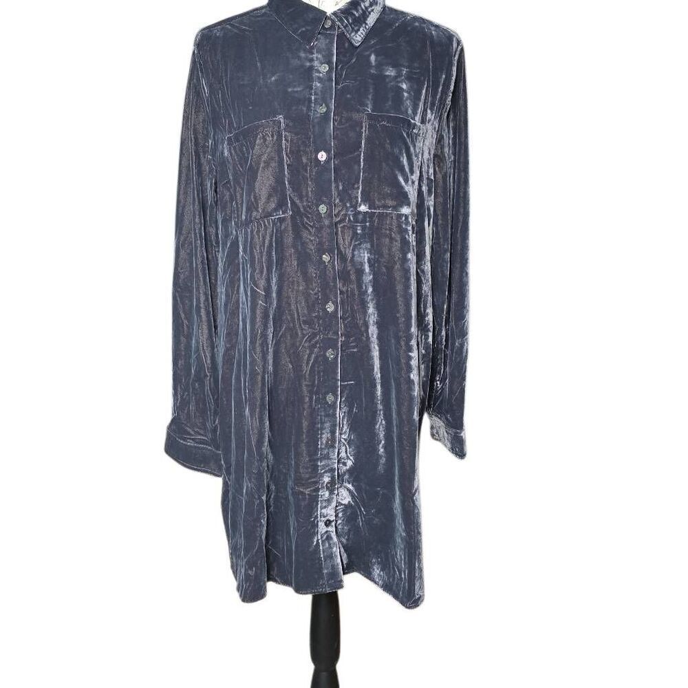 Natural Life Womens Sz L Slate Grey Rocky Velvet Long Sleeve Button Shirt Dress